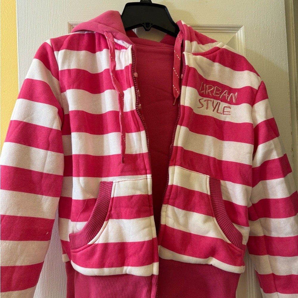 Pink and White Striped Women's Hoodie